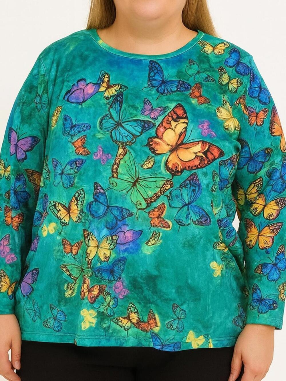 Teal Butterfly Print Long Sleeve Top – Size 3X